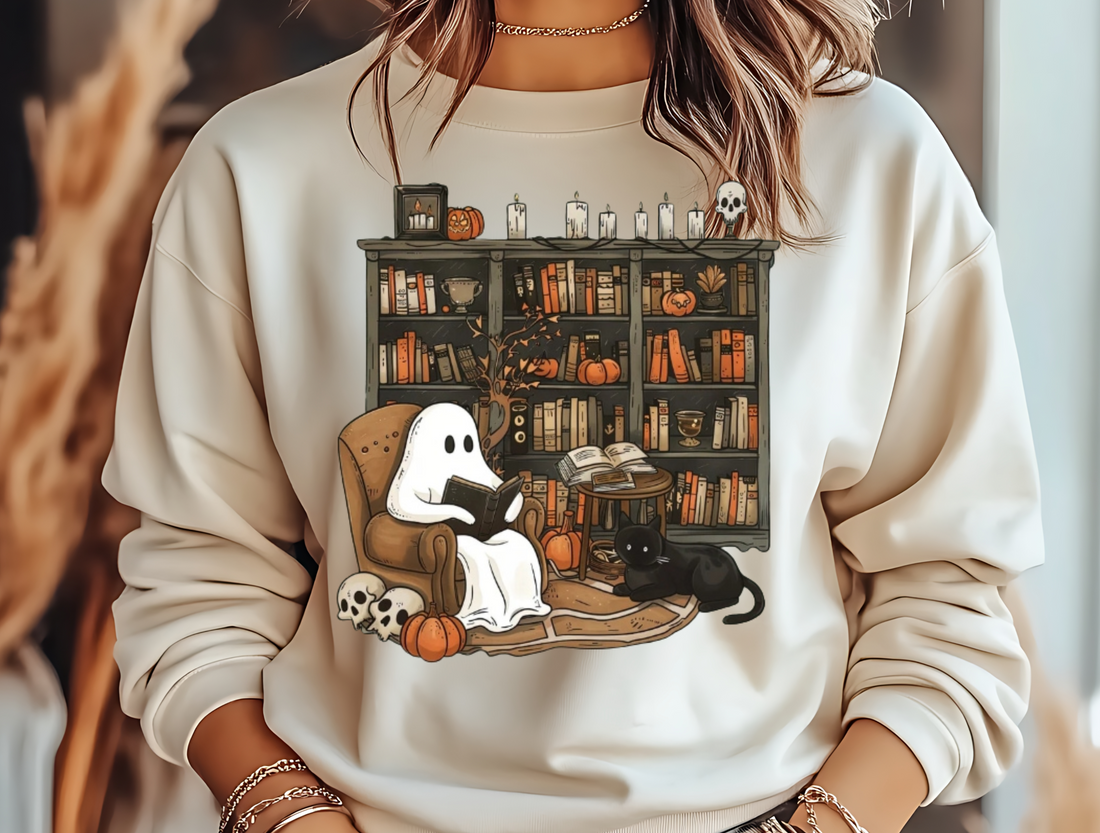 Retro Ghost Reading Books Sweatshirt, Librarian, Teacher Ghost Halloween
