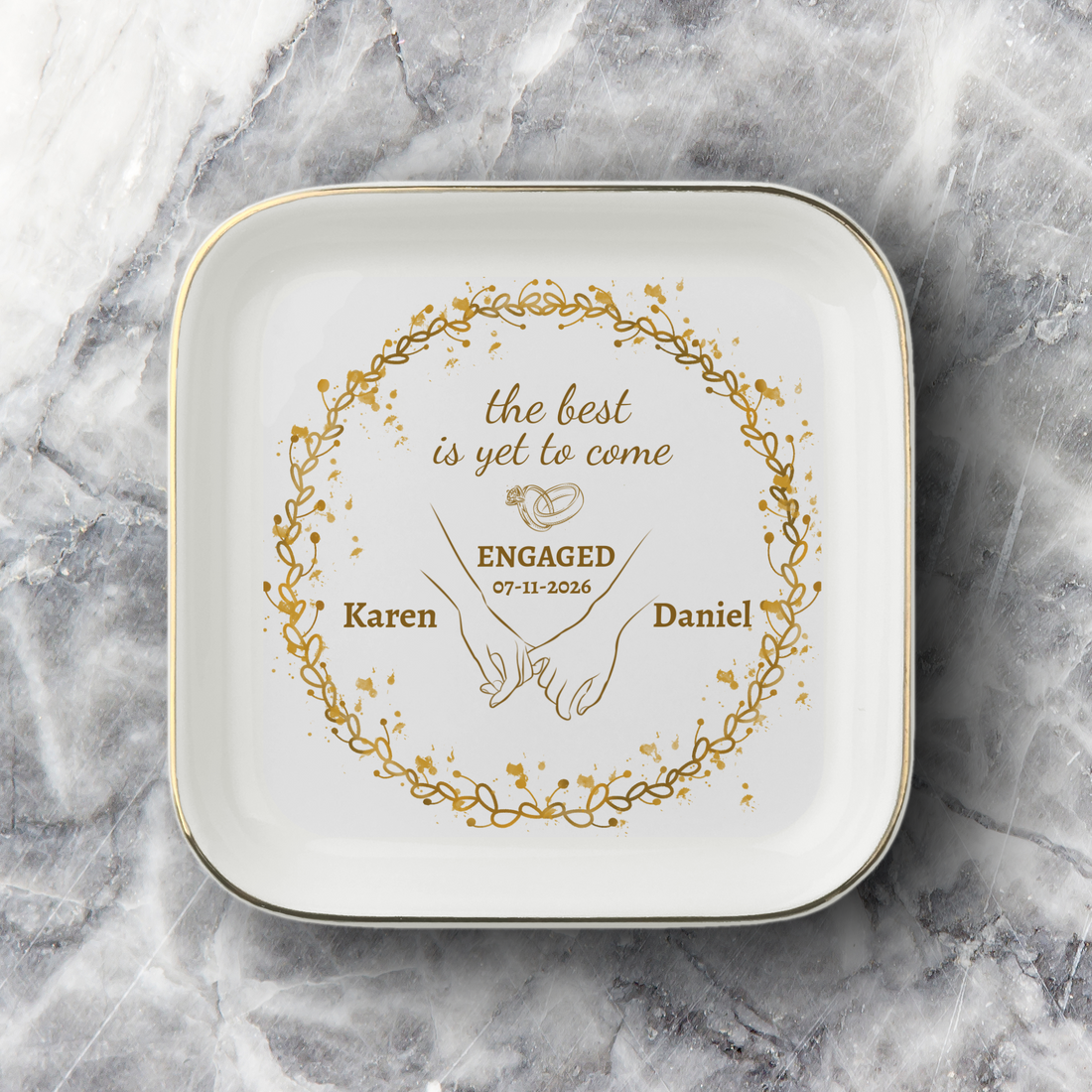 Personalized Engagement Jewelry Dish – Custom Couple Ring Holder With Names and Engagement Date