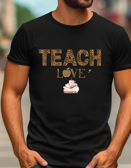 Teach Love Leopard Print Teacher Shirt – Cute Teacher Appreciation T-Shirt, Classroom Gift for Teachers, Back to School Teacher Tee