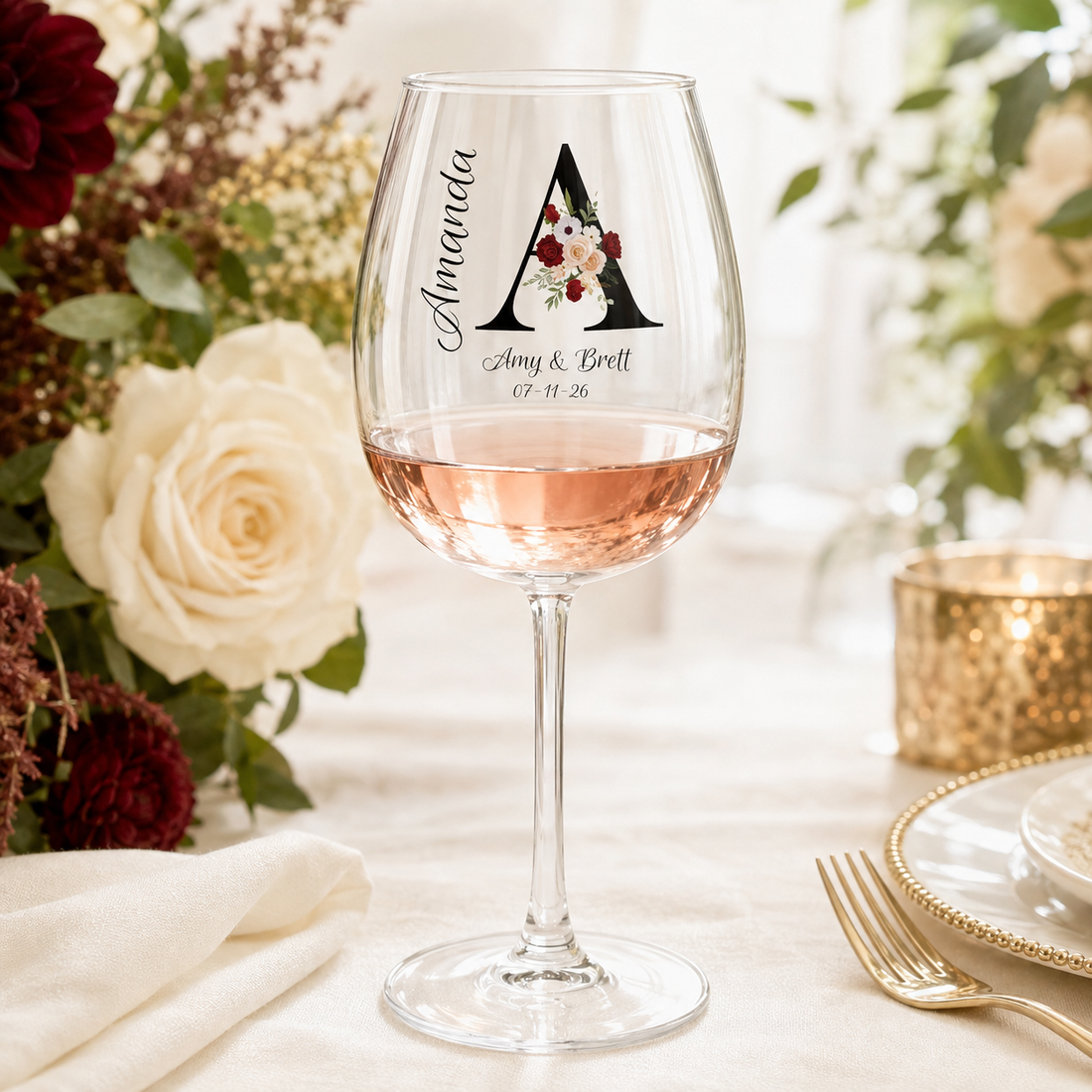 Personalized Wedding Wine Glass – Floral Monogram, Names & Date, Stemmed or Stemless 11.75oz