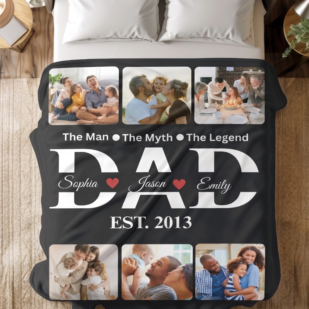 Personalized Dad Photo Blanket – Custom Family Collage Blanket with Names & EST Year – Gift for Dad from Kids – Father’s Day Blanket