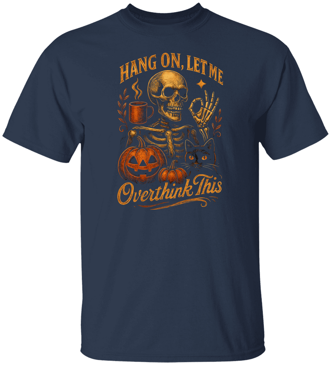 Halloween Skeleton and Cat "Overthink This" Tee