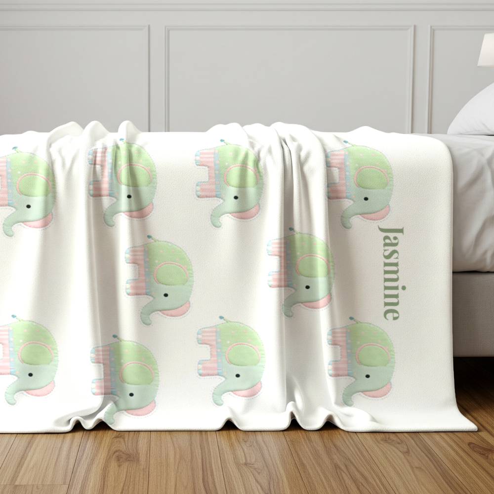 Personalized Elephant Baby Blanket, Custom Name Nursery Decor, Soft Velveteen Blanket, Baby Shower Gift, Cute Animal Theme, Infant Bedding