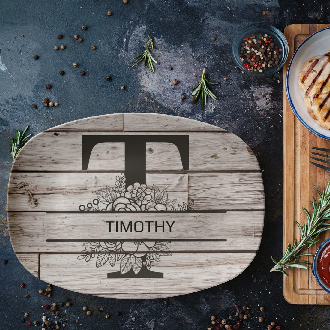 Personalized Father’s Day Platter – Custom Initial & Name Decorative Serving Tray (10x14”) – Wood Look Design Gift for Dad