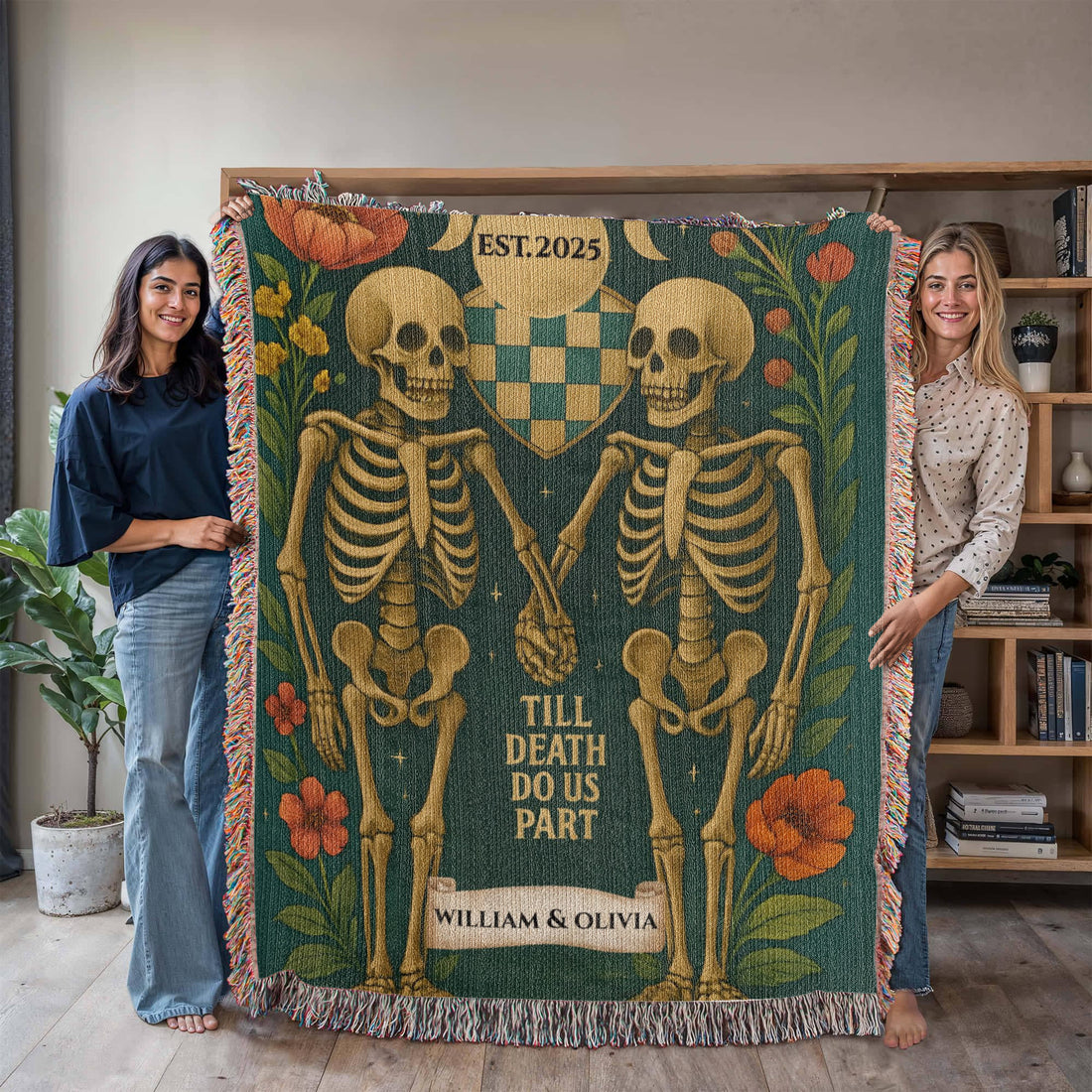 Personalized Skeleton Couple 'Till Death Do Us Part' |Spooky Halloween Tapestry Artwork Heirloom Woven Blanket