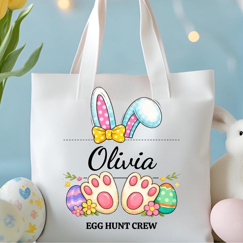 Personalized Easter Egg Hunt Tote Bag – Custom Bunny Name Bag – Kids Easter Basket Alternative – Bunny Ears Easter Gift Bag