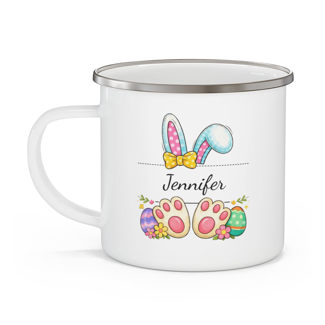 Personalized Easter Mug, Enamel Camp Mug, Custom Name Gift, Cute Easter Gift, Easter Egg Design