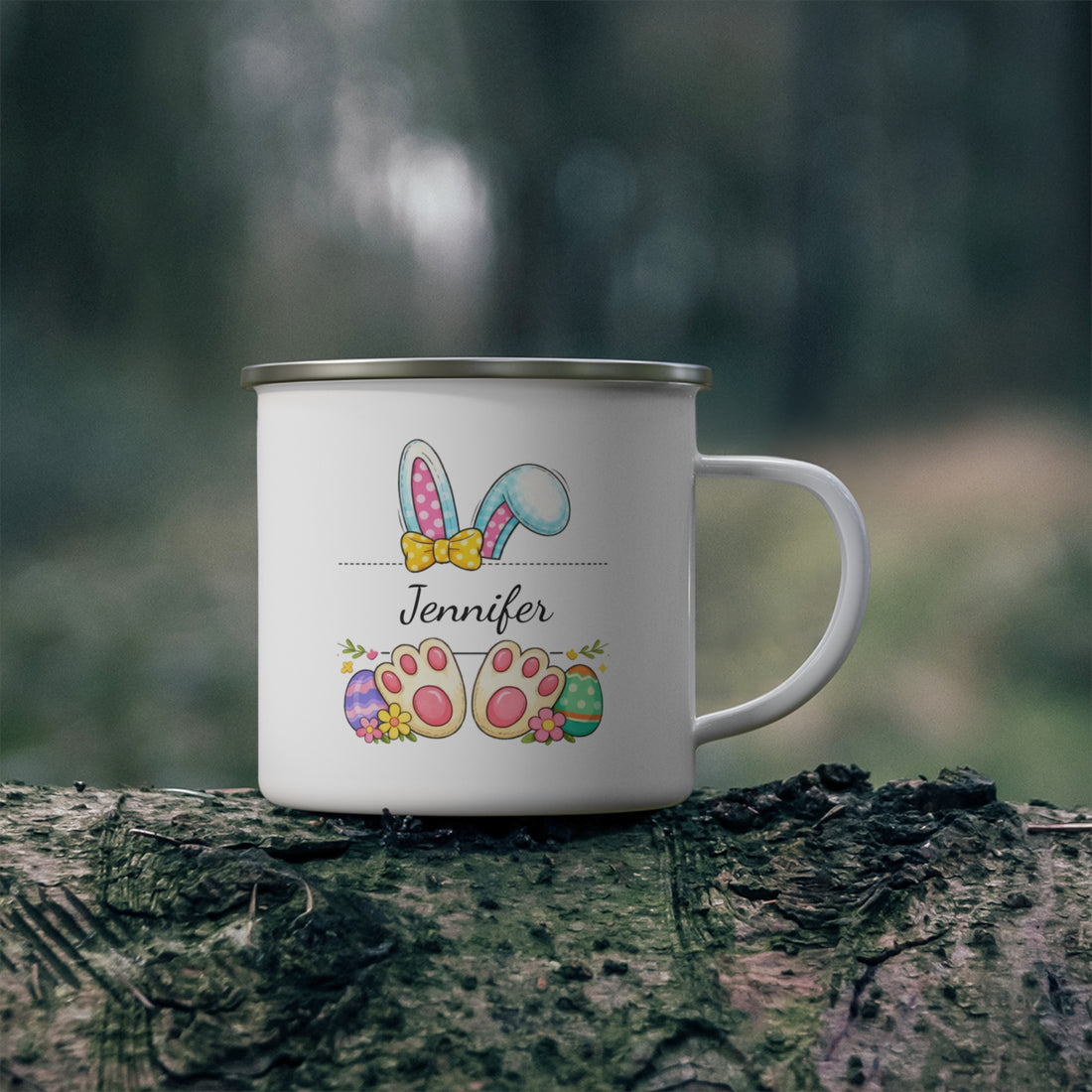 Personalized Easter Mug, Enamel Camp Mug, Custom Name Gift, Cute Easter Gift, Easter Egg Design