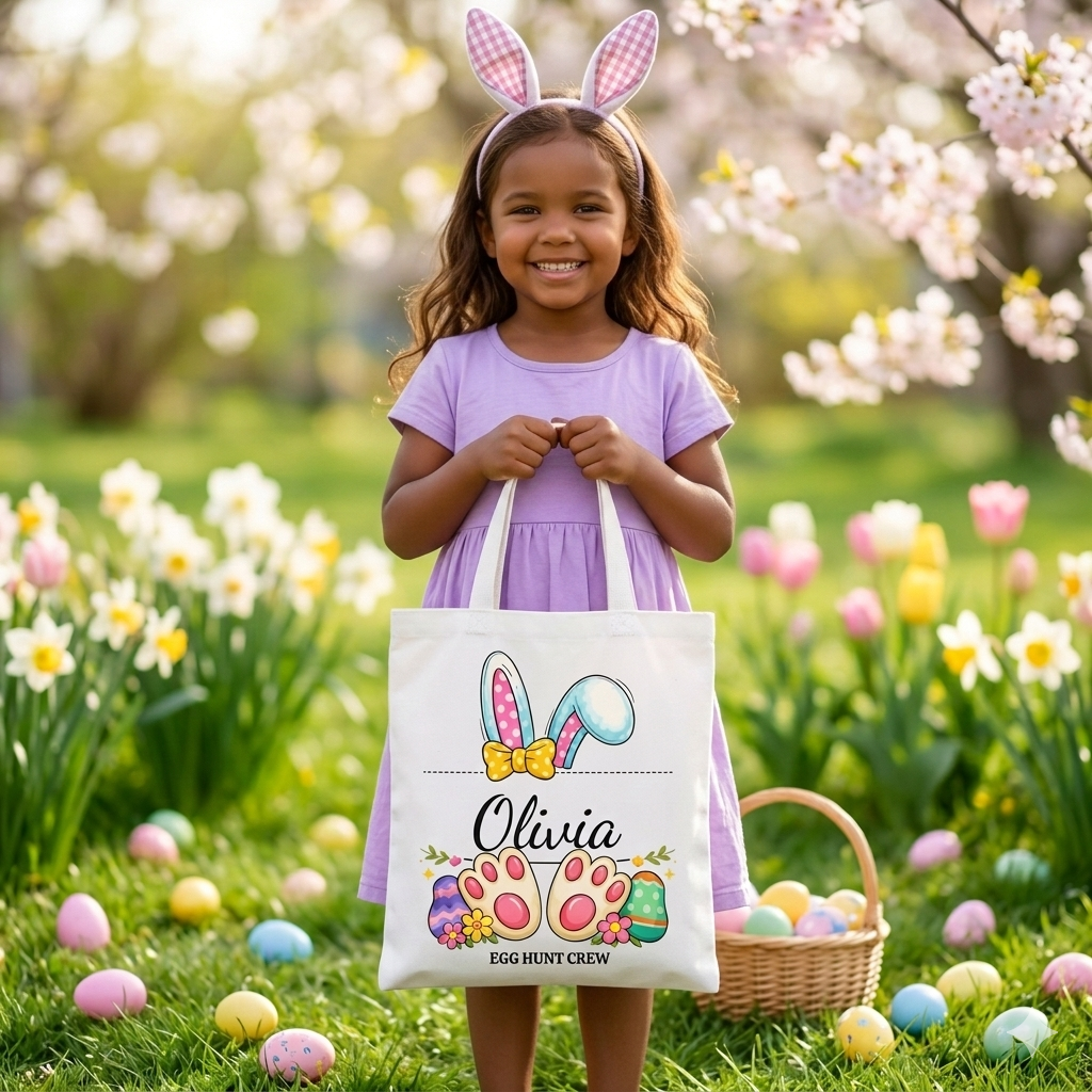 Personalized Easter Egg Hunt Tote Bag – Custom Bunny Name Bag – Kids Easter Basket Alternative – Bunny Ears Easter Gift Bag
