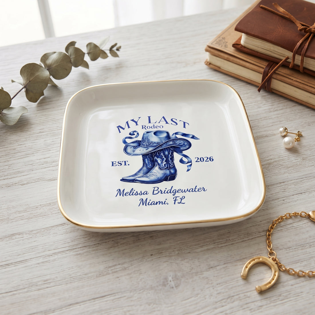 Personalized Rodeo Jewelry Dish, Cowboy Boots Trinket Tray, Western Keepsake, Custom Name and Location Gift for Cowgirl or Cowboy Home