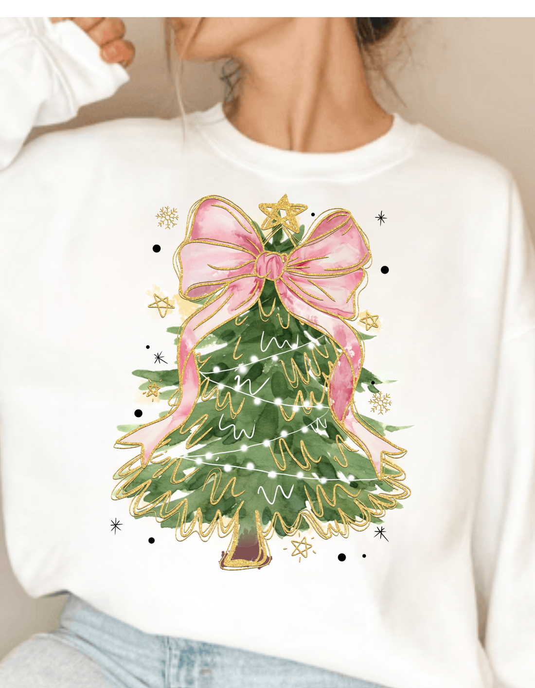 Watercolor Pink Bow Christmas Tree Coquette Sweatshirt – Cute & Classy Holiday Crewneck