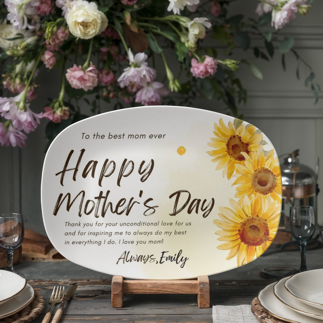 Personalized Mother's Day Platter, Gift for Mom from Daughter or Son, Custom Sunflower Plate, Unique Keepsake