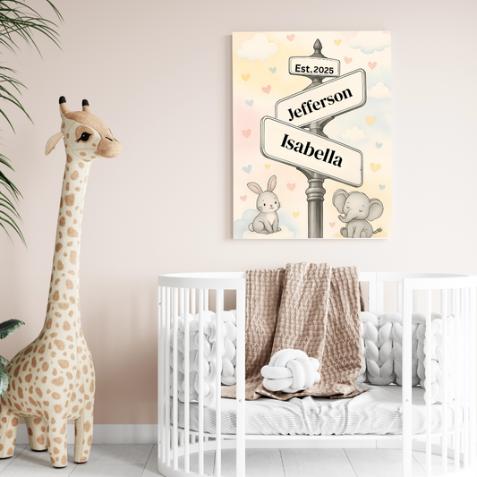 Personalized Nursery Name Street Sign | Soft, gender-neutral watercolor background Canvas