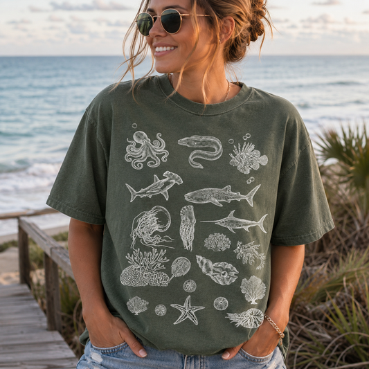 Vintage Ocean Life T-Shirt | Marine Biology Graphic Tee | Coastal Beach Shirt | Sea Creature Engraving Tee | Comfort Colors Ocean Lover Gift