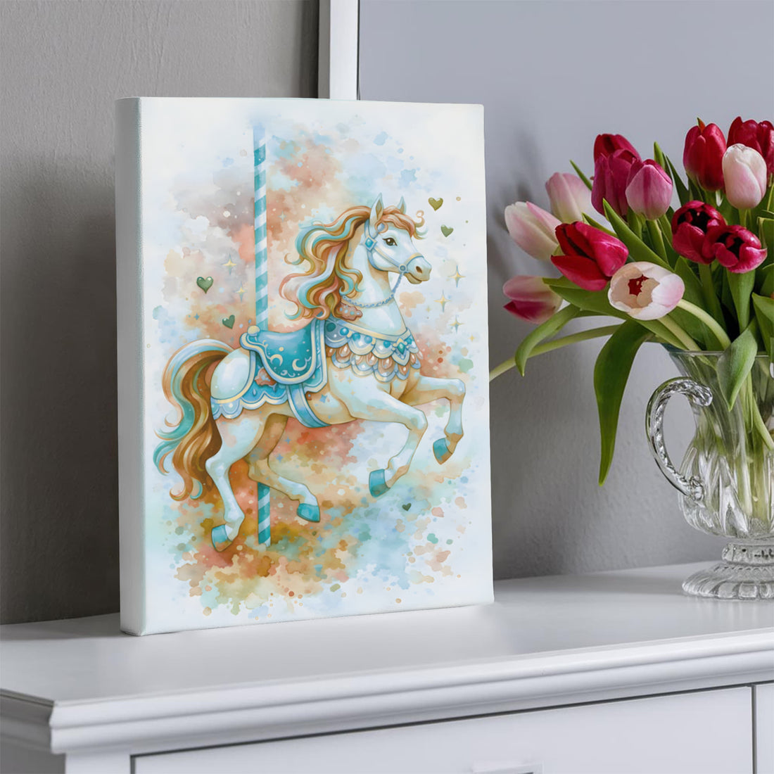 Carousel Horse Canvas Art, Nursery Wall Decor for Kids, Playful Kids Room Wall Art, Vibrant Animal Canvas, Gift for Children