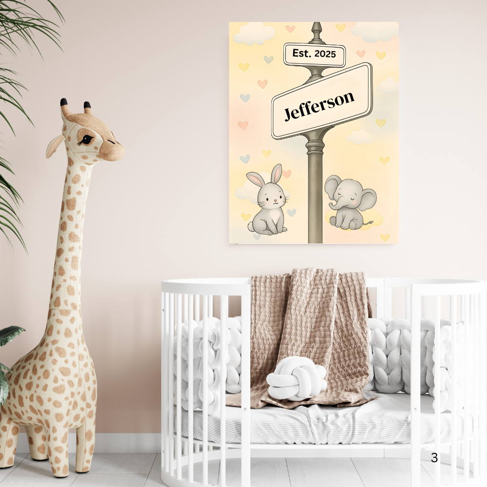 Personalized Nursery Name Street Sign | Soft, gender-neutral watercolor background Canvas