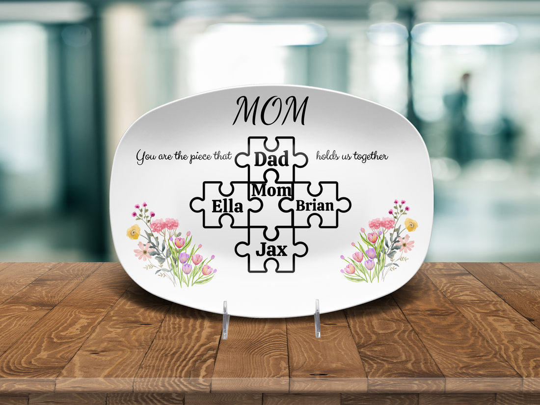 Personalized Puzzle Piece Family Plate, Floral Design, Custom Mom Gift, Unbreakable Oval Plate, Gift for Mother's Day