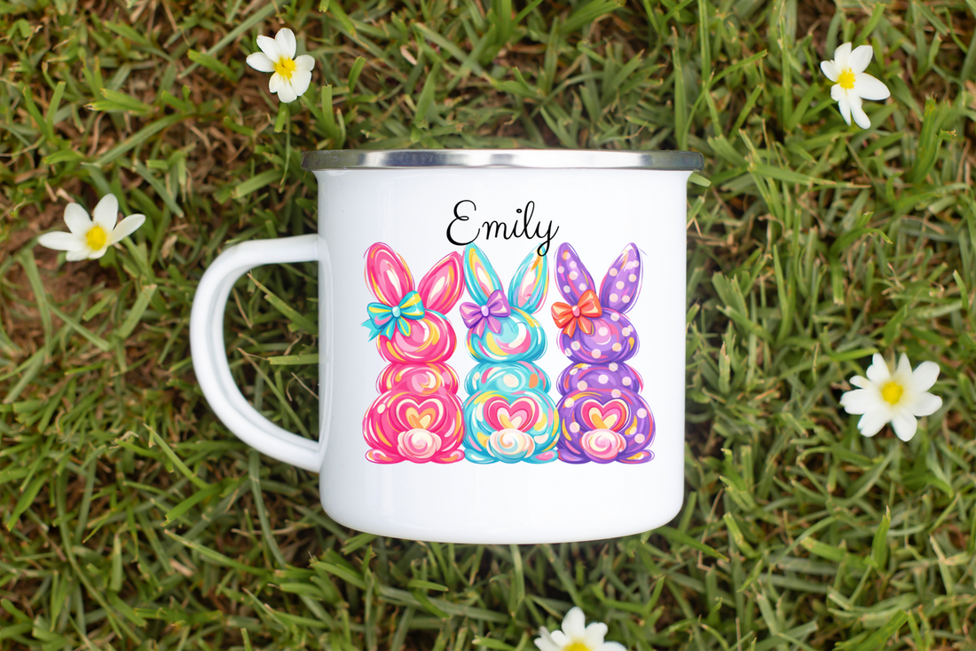 Personalized Bunny Mug, Custom Enamel Camp Mug, Easter Gift, Colorful Rabbit Design, Stainless Steel Cup, 12 oz Coffee Mug