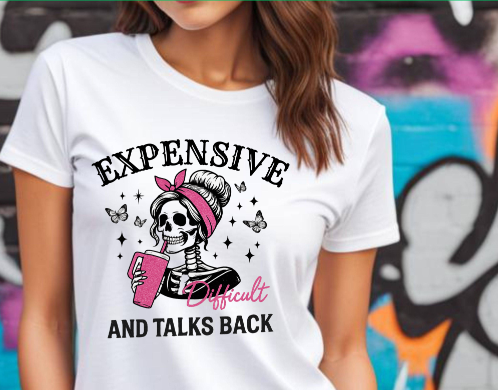 Funny "Expensive & Talks Back" Skeleton Graphic T-Shirt