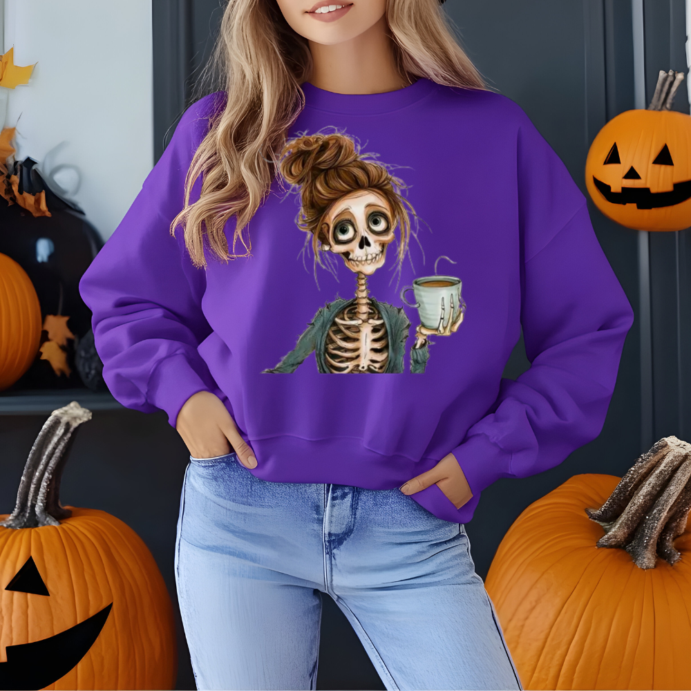 Funny Skull Girl Print Halloween Skeleton Coffee Sweatshirt
