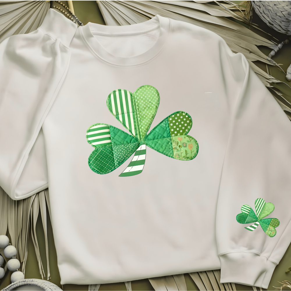 St. Patrick's Day Shamrock Sweatshirt, Patchwork Lucky Clover Crewneck, Cozy Green Patterned Pullover