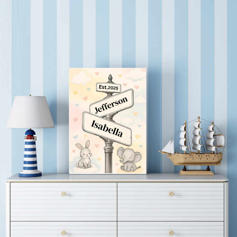 Personalized Nursery Name Street Sign | Soft, gender-neutral watercolor background Canvas