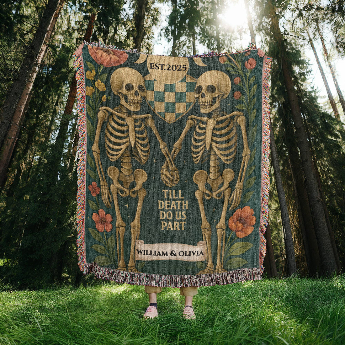 Personalized Skeleton Couple 'Till Death Do Us Part' |Spooky Halloween Tapestry Artwork Heirloom Woven Blanket