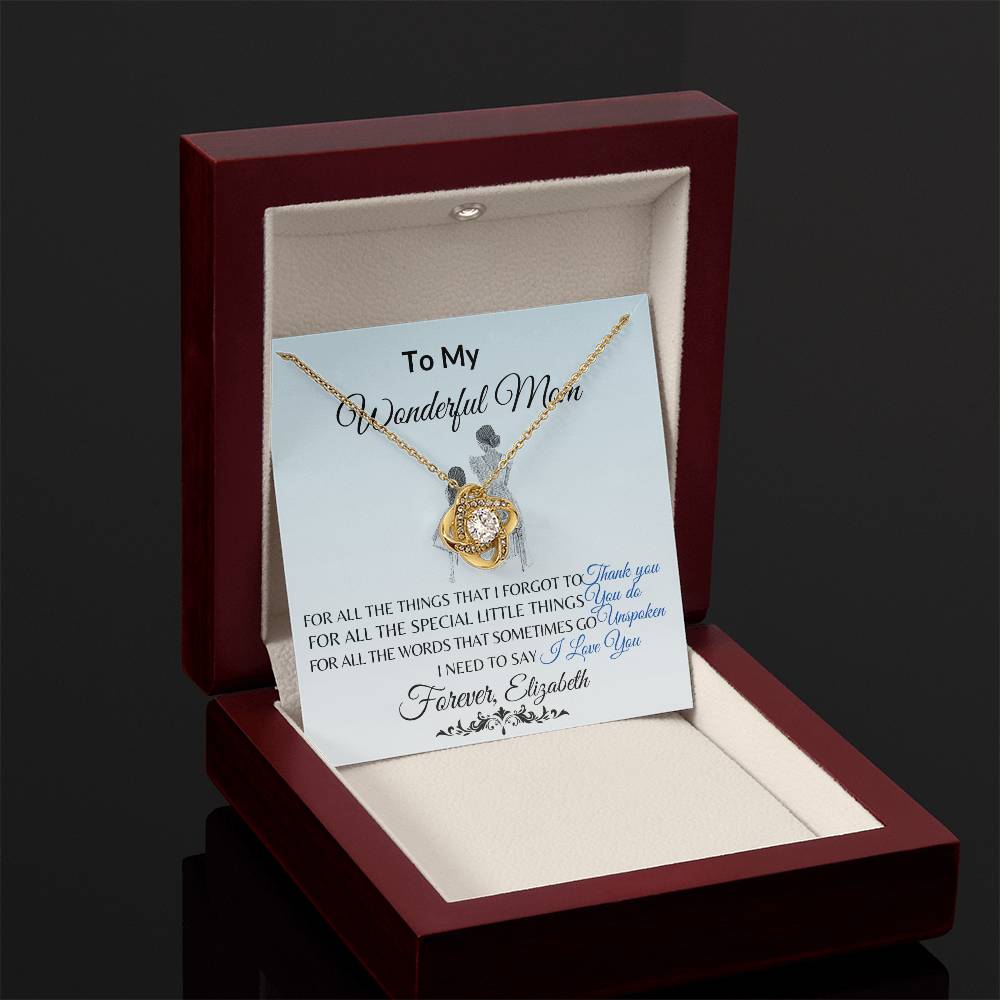 To My Wonderful Mom Necklace – Love Knot Message Card Gift | Elegant Crystal Pendant for Mother’s Day, Birthday or Just Because
