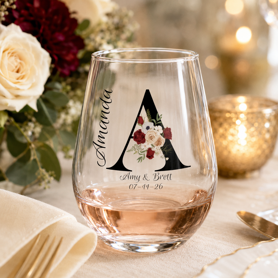 Personalized Wedding Wine Glass – Floral Monogram, Names & Date, Stemmed or Stemless 11.75oz