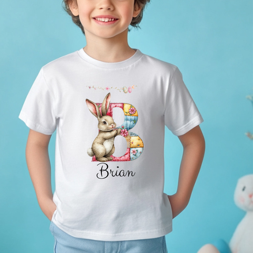 Personalized Easter Bunny Kids Shirt – Custom Name Bunny T-Shirt – Patchwork Monogram Easter Shirt – Cute Spring Bunny Tee