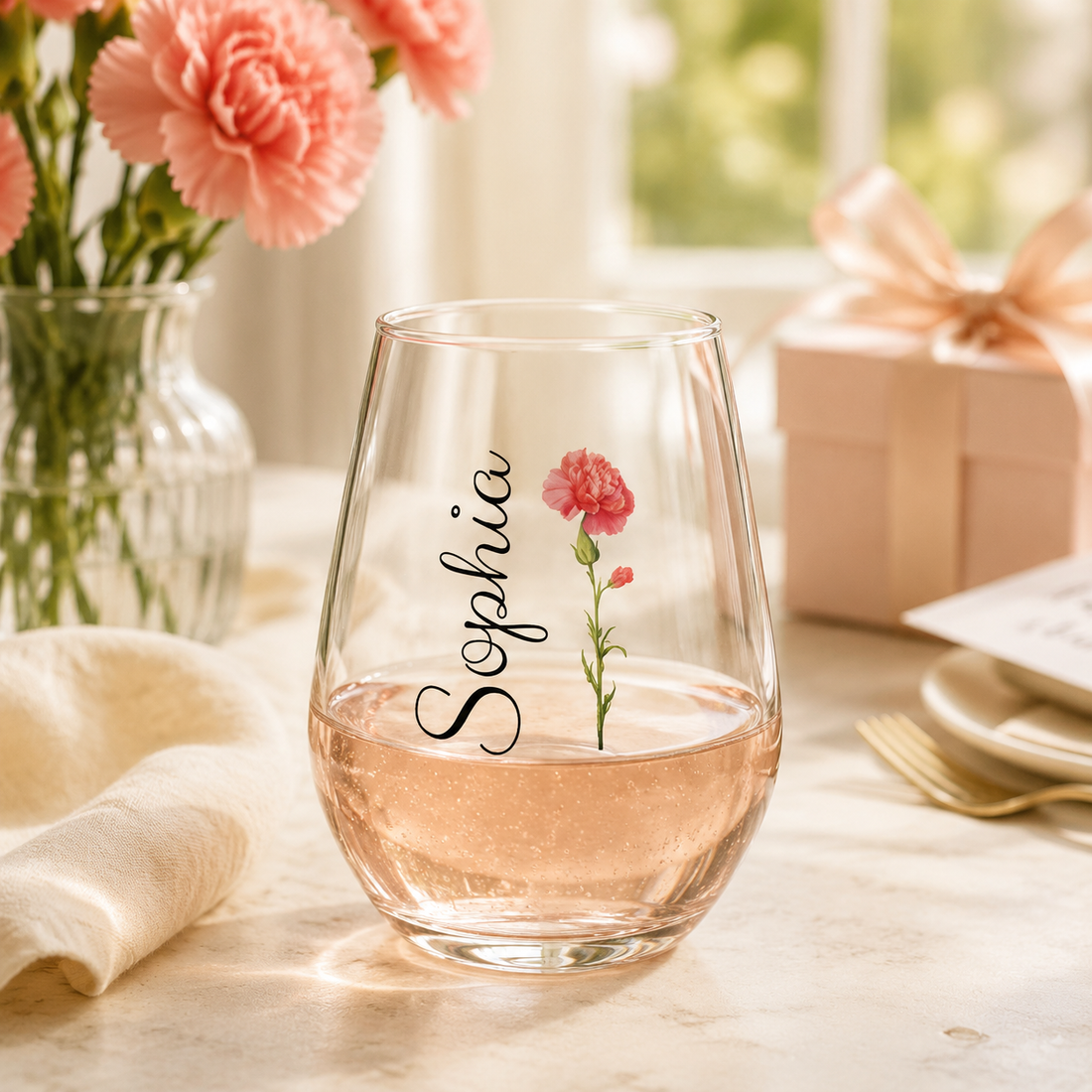 Personalized Birth Flower Wine Glass – Custom Name, Stemmed or Stemless