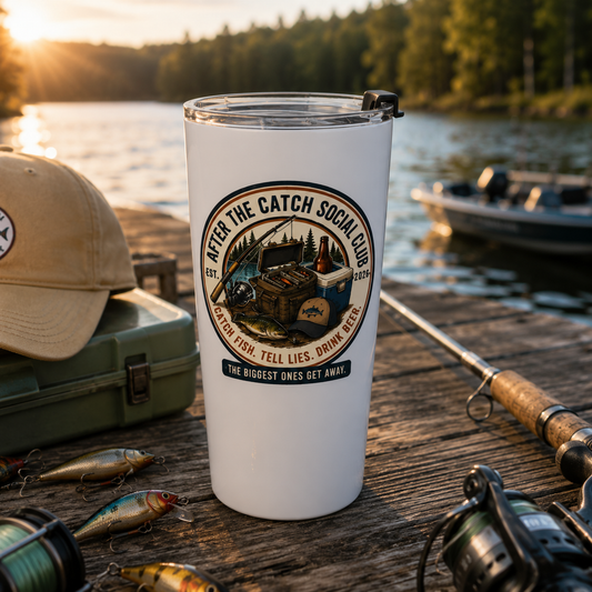 After the Catch Social Club 20oz Fishing Tumbler | Funny Fishing Gift for Men | Stainless Steel Insulated Travel Mug | Lake Life Cup | Fisherman Coffee Tumbler