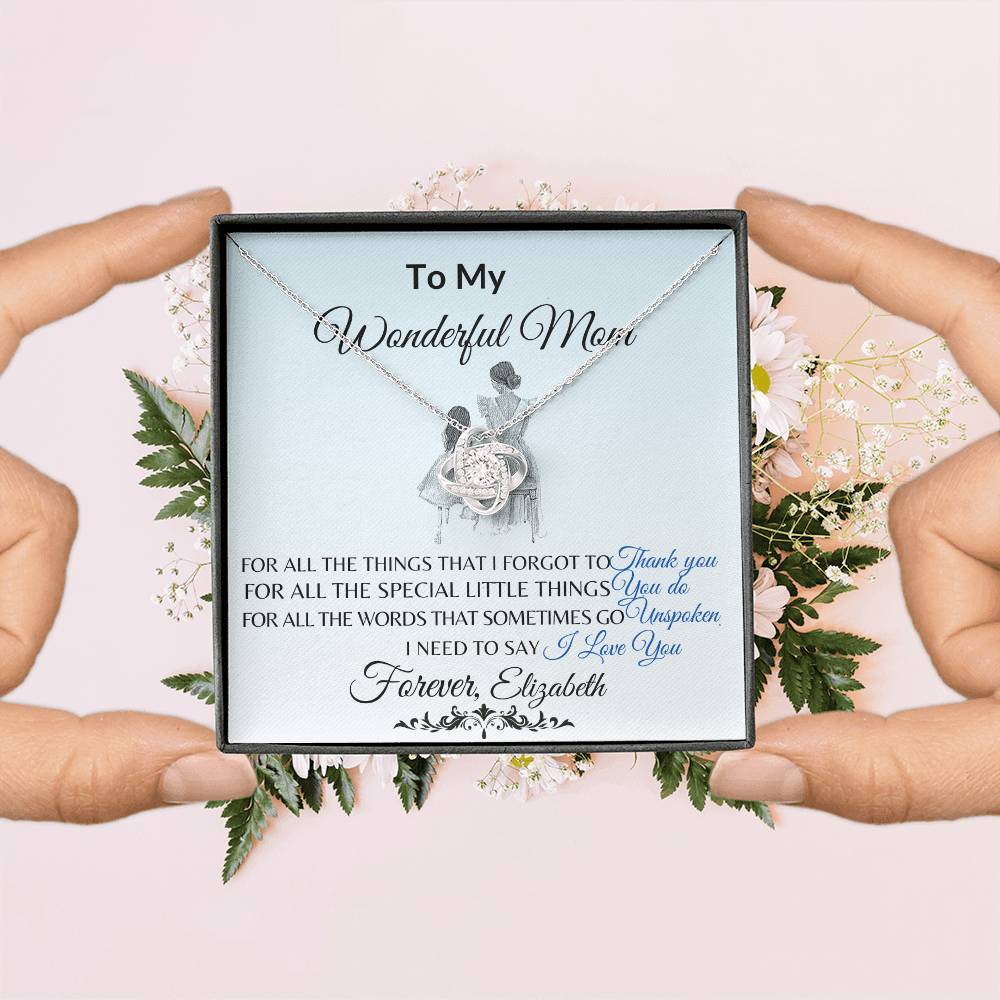 To My Wonderful Mom Necklace – Love Knot Message Card Gift | Elegant Crystal Pendant for Mother’s Day, Birthday or Just Because