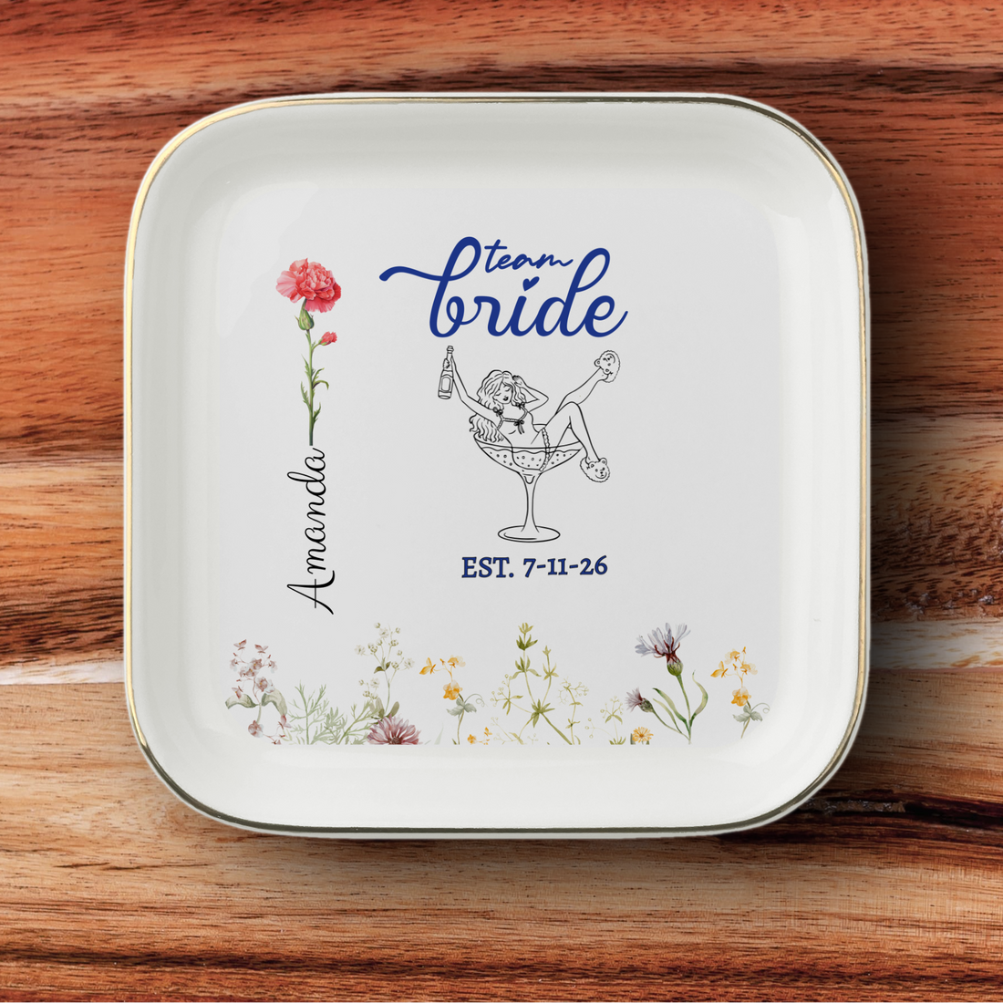 Personalized Team Bride Jewelry Dish – Custom Name, Birth Flower & Wedding Date