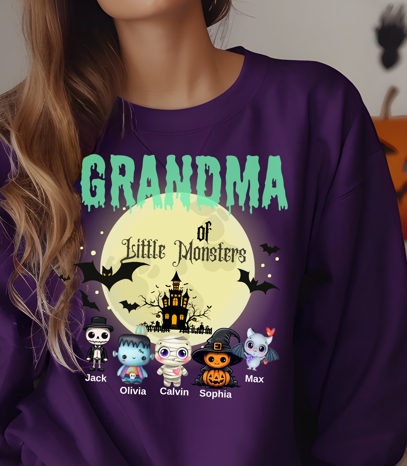 Custom Halloween Grandmas Little Monster Sweatshirt, Personalized with Kids' Names