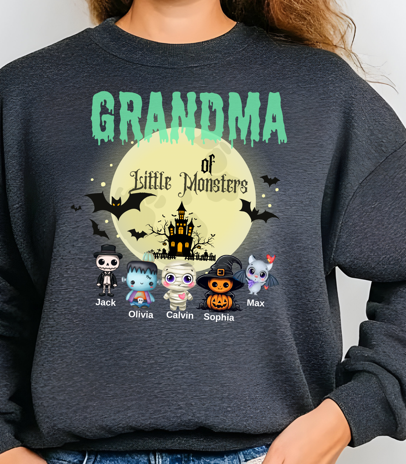 Custom Halloween Grandmas Little Monster Sweatshirt, Personalized with Kids' Names