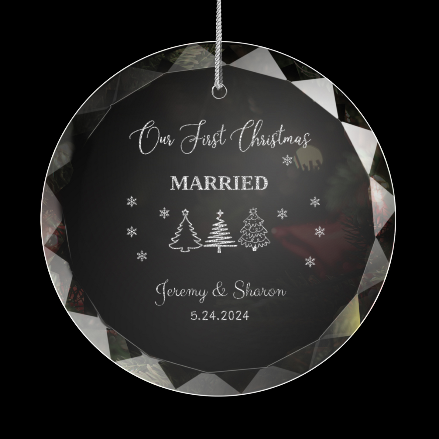 Personalized "Our First Xmas" Relationship Round Glass Engraved Ornament with Gift Box