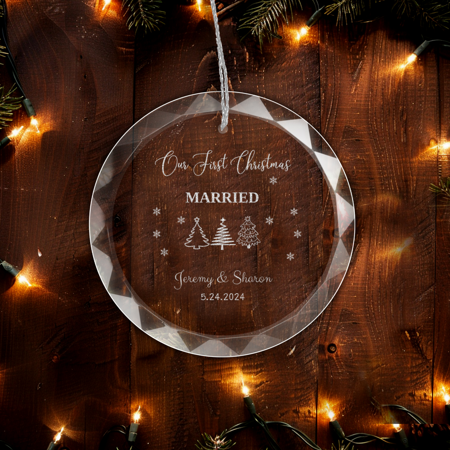 Personalized "Our First Xmas" Relationship Round Glass Engraved Ornament with Gift Box