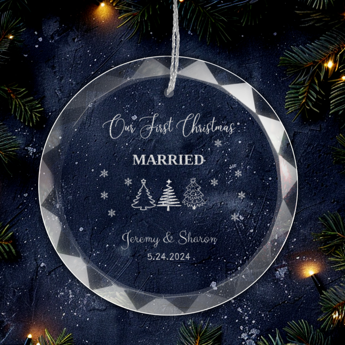 Personalized "Our First Xmas" Relationship Round Glass Engraved Ornament with Gift Box