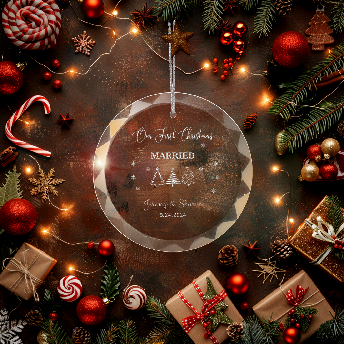 Personalized "Our First Xmas" Relationship Round Glass Engraved Ornament with Gift Box