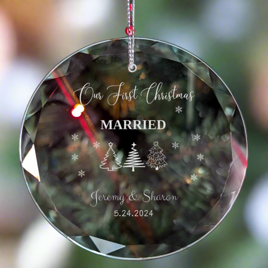 Personalized "Our First Xmas" Relationship Round Glass Engraved Ornament with Gift Box