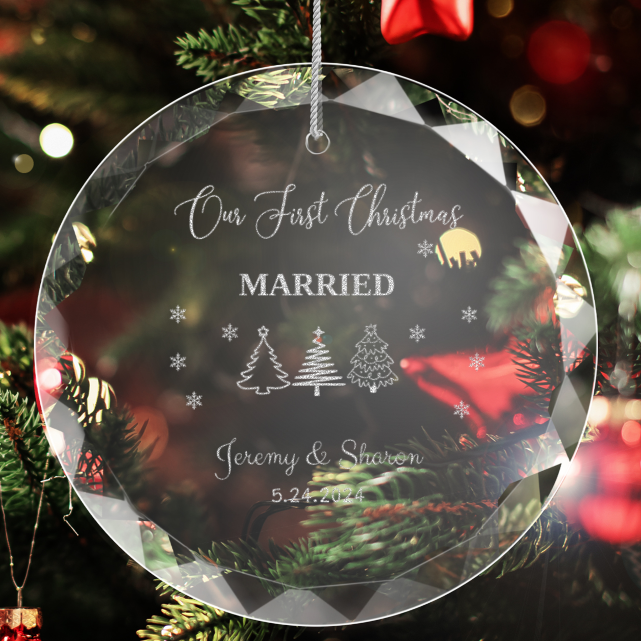 Personalized "Our First Xmas" Relationship Round Glass Engraved Ornament with Gift Box