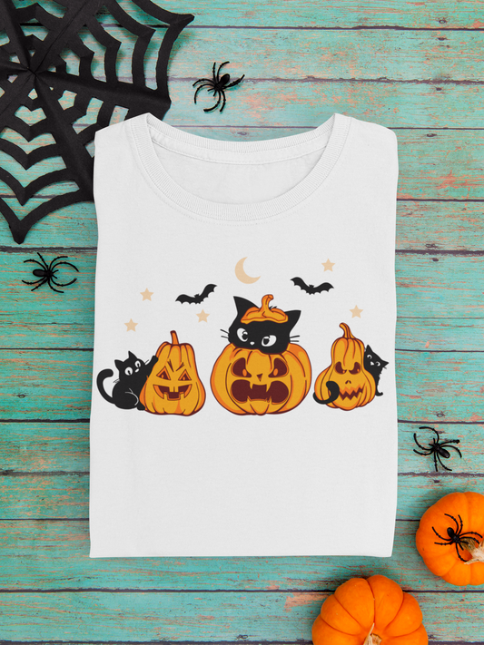 Halloween Season Short Sleeve T-Shirt | Spooky Black Cat | Pumpkin T-Shirt