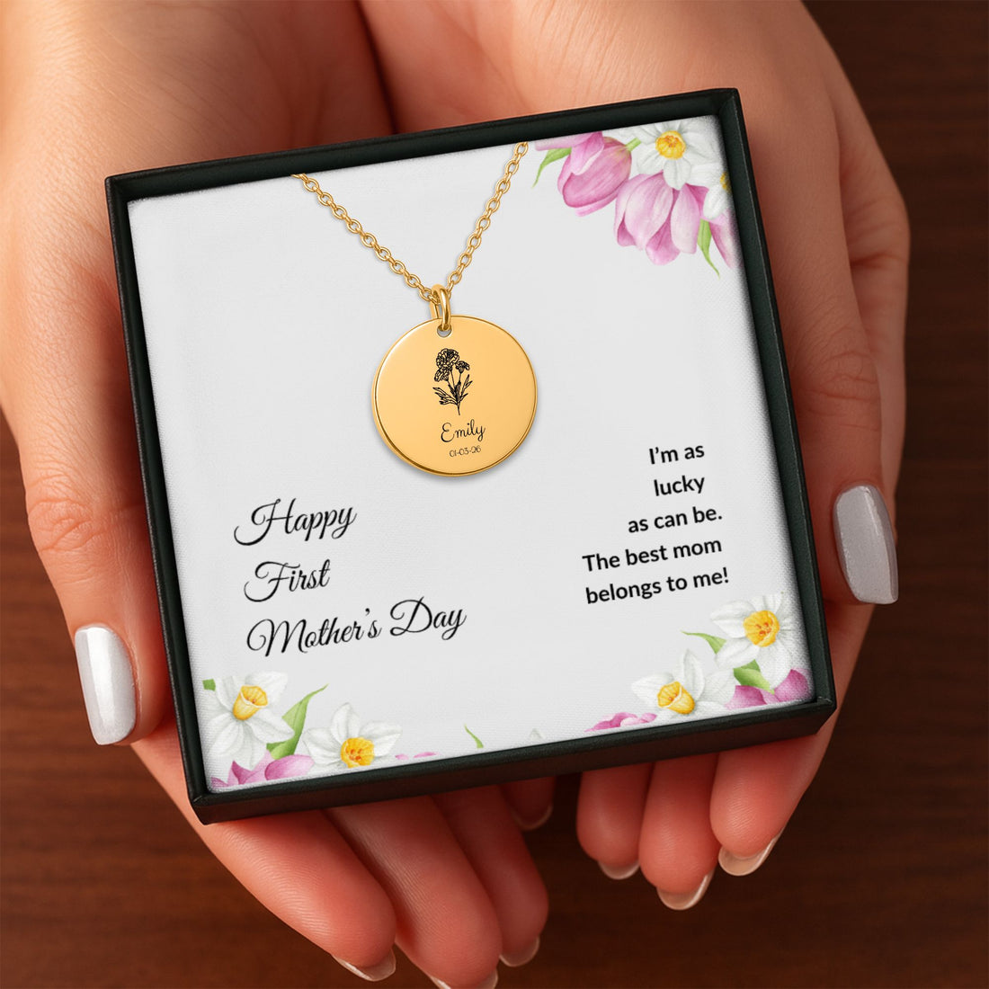 Happy First Mother’s Day Personalized Engraved Name Necklace Gift for New Mom – Baby Name/Birth Flower Engraved Jewelry – Keepsake Necklace