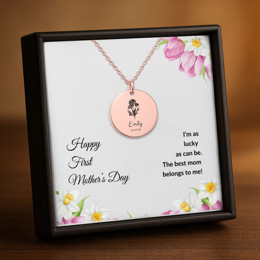 Happy First Mother’s Day Personalized Engraved Name Necklace Gift for New Mom – Baby Name/Birth Flower Engraved Jewelry – Keepsake Necklace