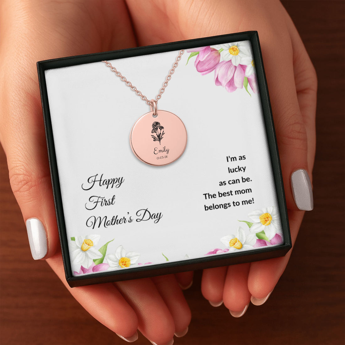 Happy First Mother’s Day Personalized Engraved Name Necklace Gift for New Mom – Baby Name/Birth Flower Engraved Jewelry – Keepsake Necklace