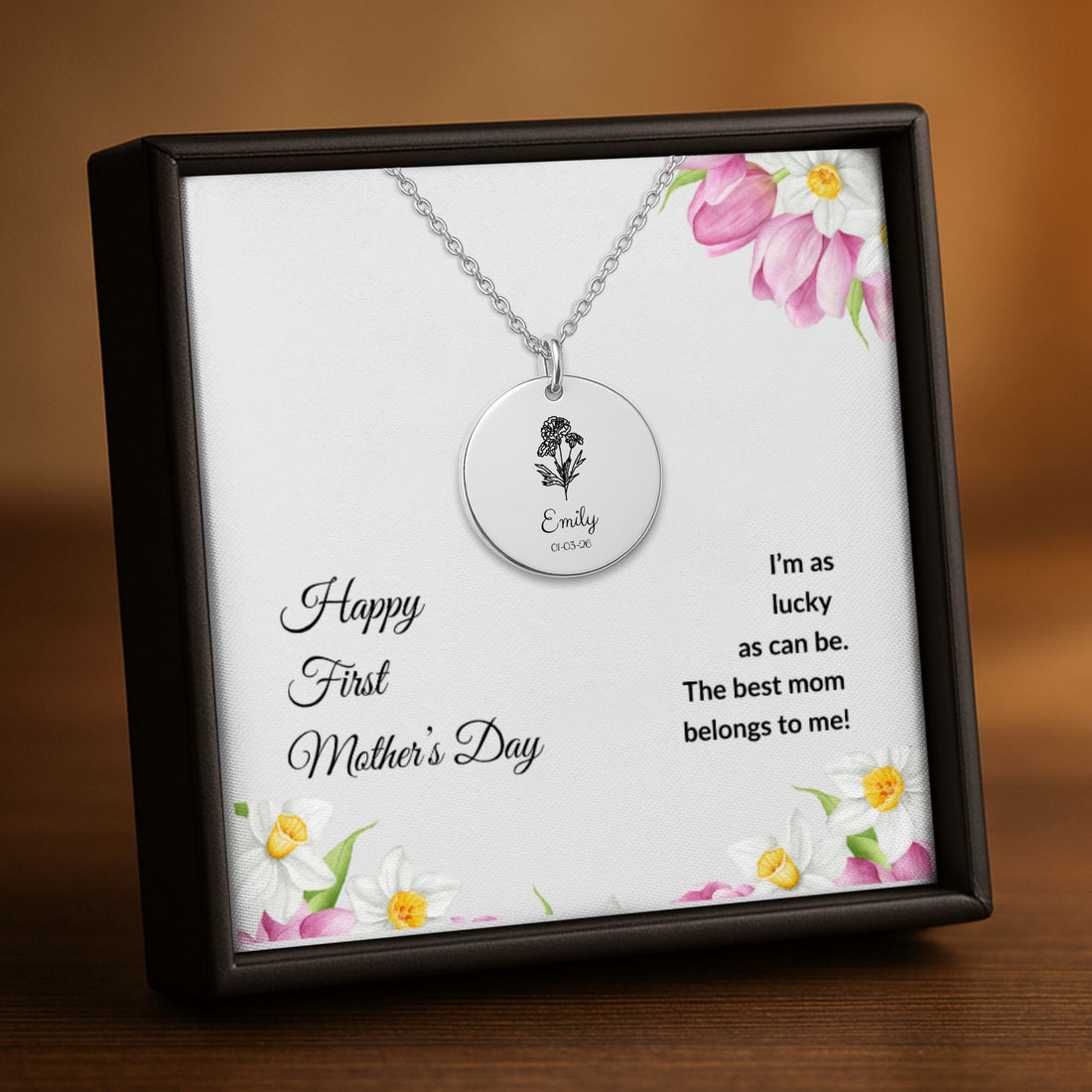 Happy First Mother’s Day Personalized Engraved Name Necklace Gift for New Mom – Baby Name/Birth Flower Engraved Jewelry – Keepsake Necklace