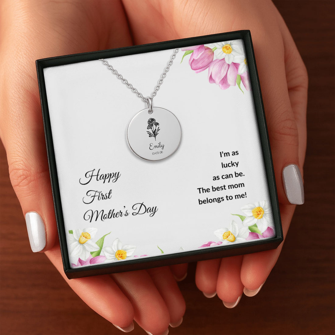 Happy First Mother’s Day Personalized Engraved Name Necklace Gift for New Mom – Baby Name/Birth Flower Engraved Jewelry – Keepsake Necklace