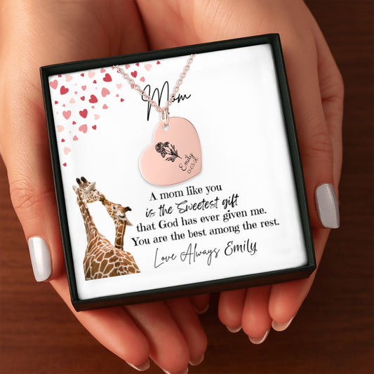 To My Mom Personalized Name and Birth Flower Heart Pendant – “A Mom Like You is the Sweetest” Gift – Daughter to Mom Jewelry Keepsake