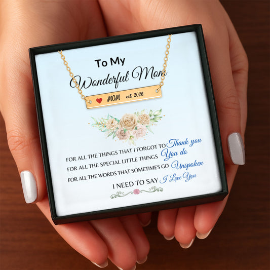 To My Wonderful Mom Personalized Bar Necklace – Custom Name & Year Jewelry Gift – Sentimental Gift from Daughter or Son – Mother’s Day Keepsake